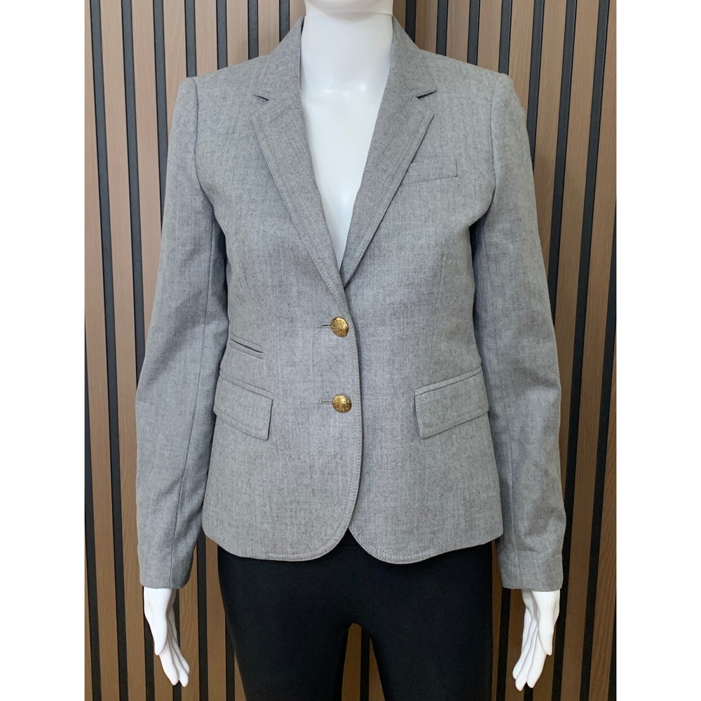 J.Crew Schoolboy Blazer Gray 100% Wool Gold Crest Button Jacket Size 0